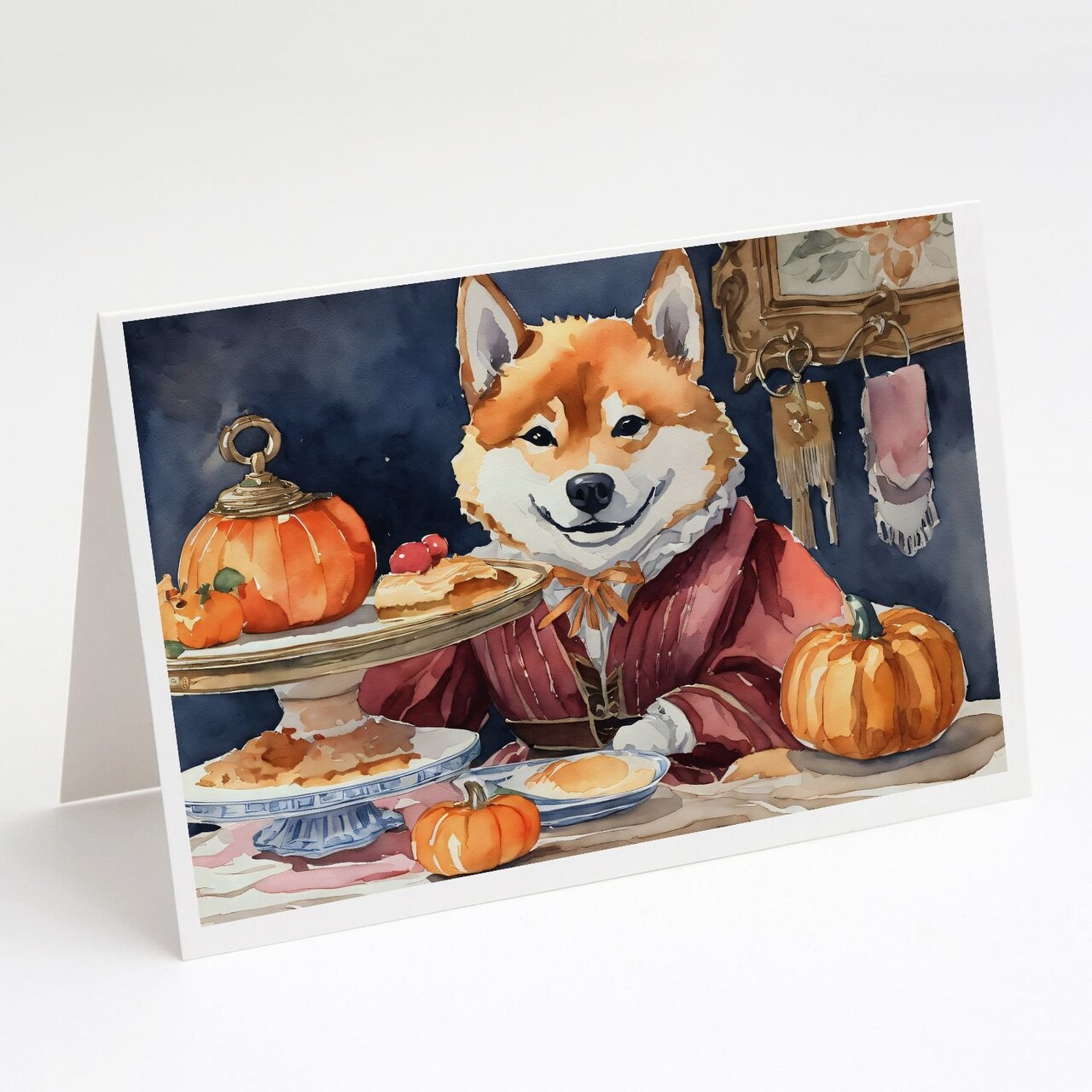 Edge Collections - 5" x 7" - Multicolor - Shiba Inu Fall Kitchen Pumpkins Greeting Cards - 8 Pieces